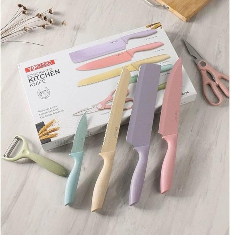 أدوات المطبخ - مجموعة كاملة من 6 قطع من السكاكين المصنوعة من الفولاذ المقاوم للصدأ مع ساطور ومقشرة متعددة الاستخدامات في علبة سيراميك، مما يضمن راحة التقطيع والفرم الاحترافي يوميًا